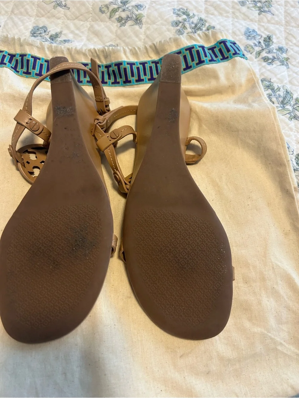 Tory Burch Tan Leather Logo T-Strap Sandals